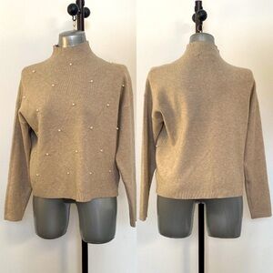 2/$25Elegant Chic formal boxy Beige light brown Sweater Pearl Accents sz medium